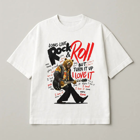 White t-shirt with a bear playing guitar and 'Long Live Rock & Roll' text on a gray background
