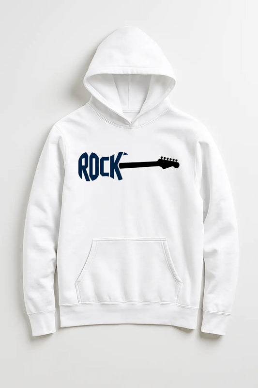 White hoodie with 'ROCK' and guitar graphic on a white background