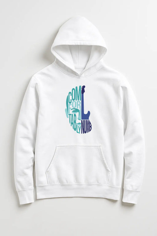 White hoodie with colorful text design on a light gray background
