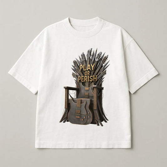 White t-shirt with 'Play or Perish' Iron Throne graphic on a gray background