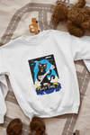 A white sweatshirt with a design printed on the front lying down on the floor. The design contains a cat holding a fish bone like a guitar and appearing to play it aggressively. There's a text saying Solo Time at the bottom of the design.