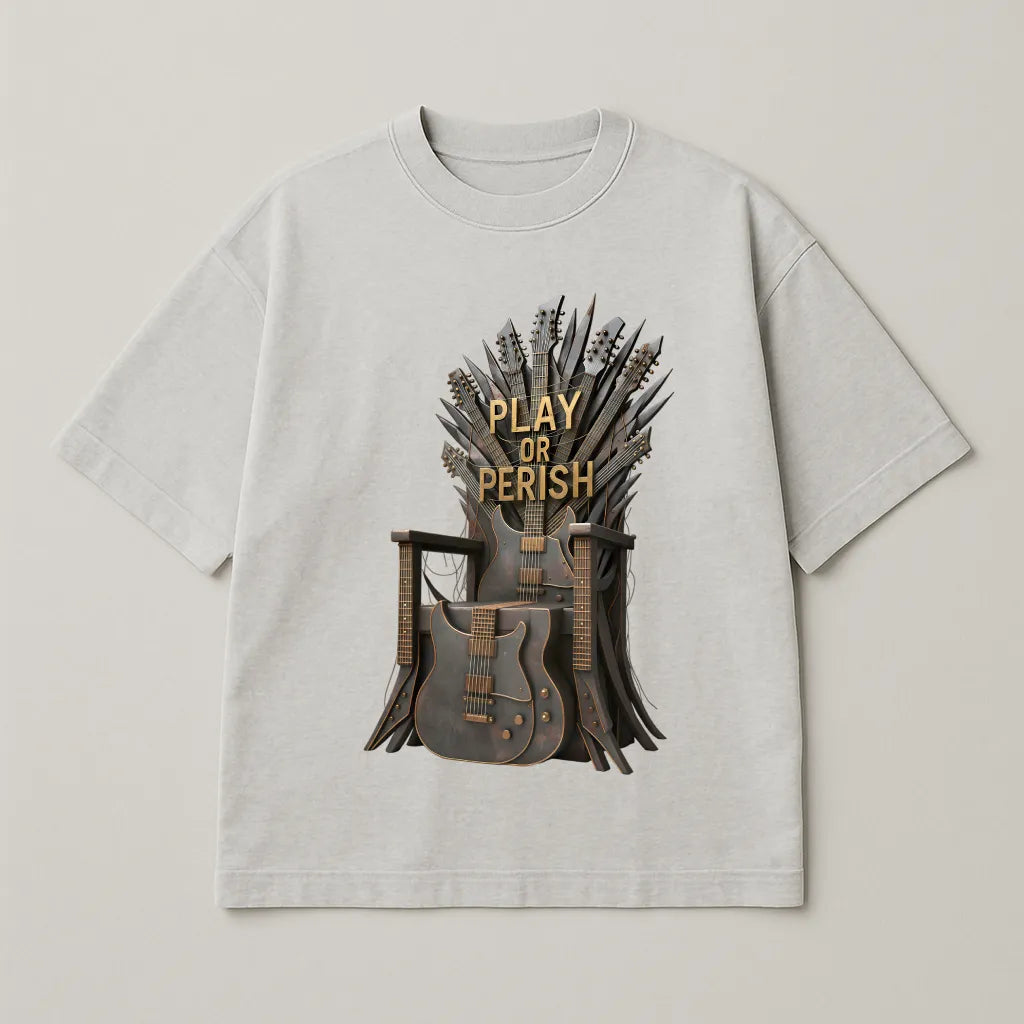 Gray t-shirt with 'Play or Perish' graphic on a light gray background