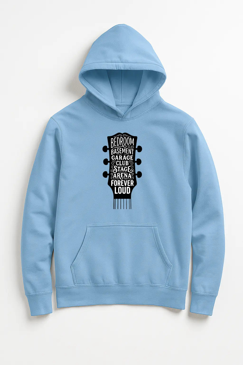 Light blue hoodie with black graphic design on a white background