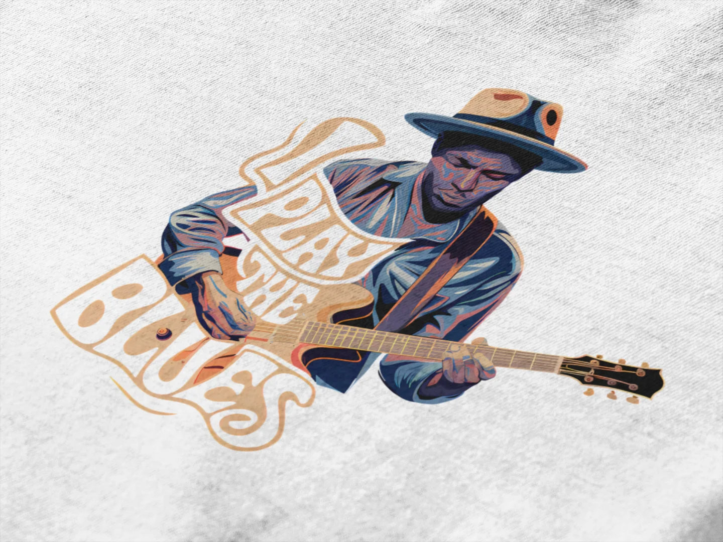 Vintage-style illustration of a man in a blue shirt and brown wide-brimmed hat playing an electric guitar with a white pickguard and black neck. The word I play the BLUES is written in orange and yellow letters above him, with a light grey, grungy textured background