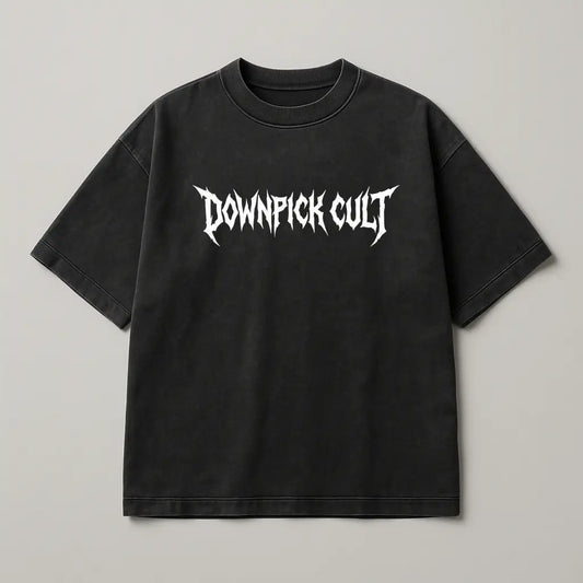 Black t-shirt with 'DOWNPICK CULT' text on a gray background