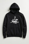 Black hoodie with white graphic design on a light gray background