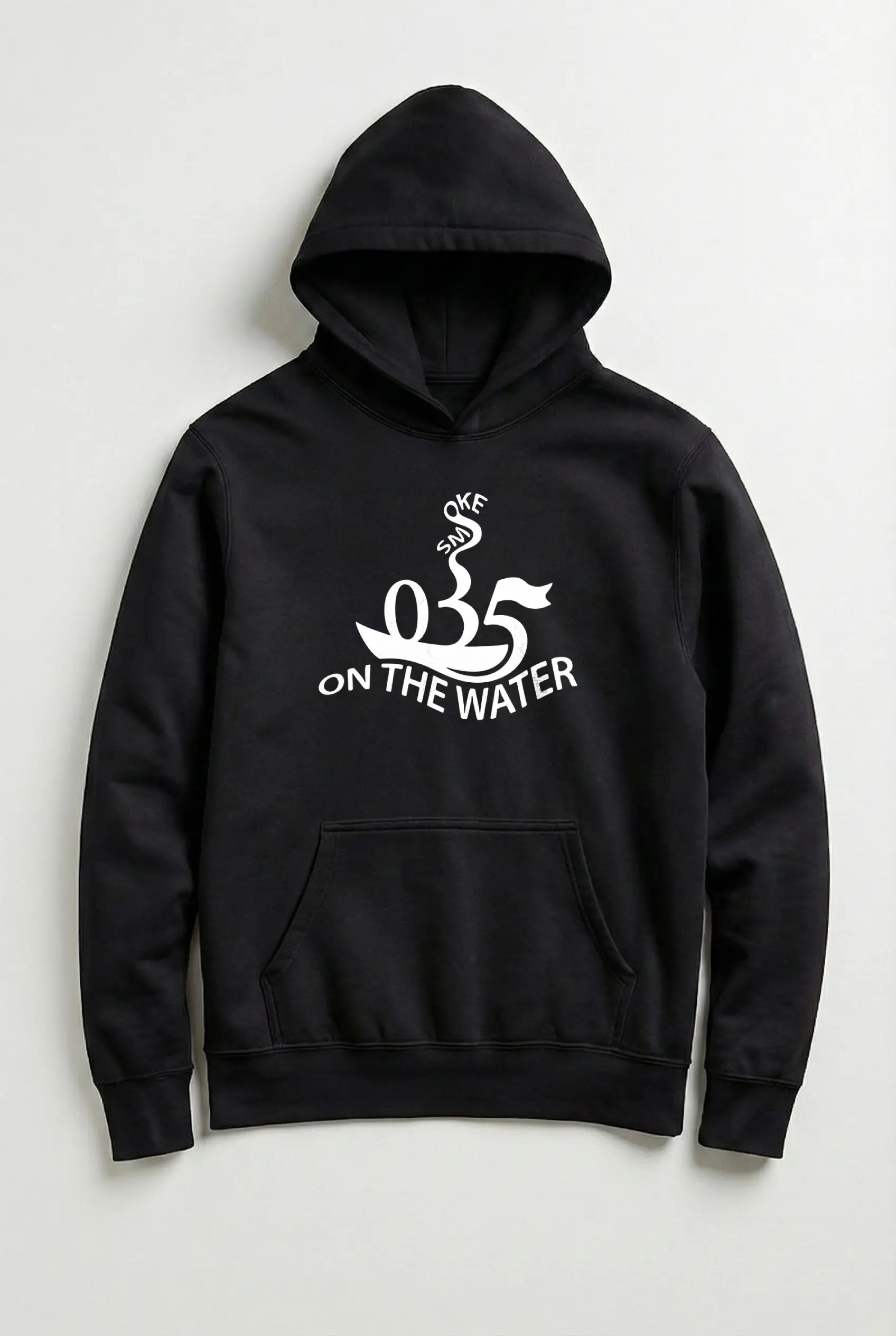 Black hoodie with white graphic design on a light gray background