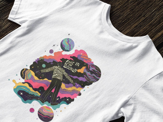 White tee shirt with a graphic design of a person in a striped shirt and black pants floating in space. The colorful psychedelic design features abstract shapes, planets, stars, and the text Lost in Space in cursive.