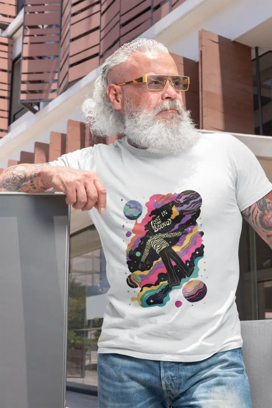 An old man wearing a printed white t-shirt. The design contains of a man floating in space with planets and stars around him. There's a text saying Lost in The Sound at the center top of the design.