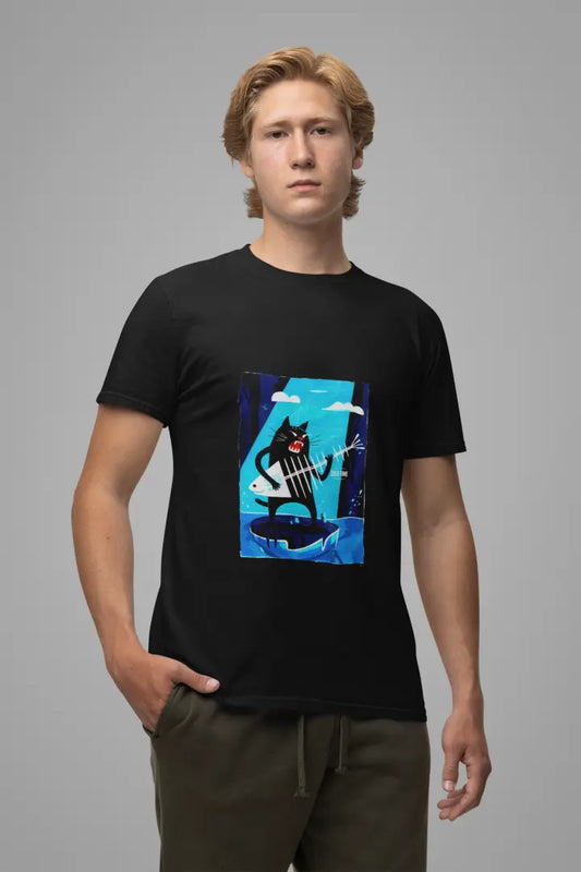 A young man with blonde hair wearing a black t-shirt with a colorful graphic design of a black cat. The cat is standing on its hind legs with its front paws in the air and its tail curled around its body, set against a blue background.