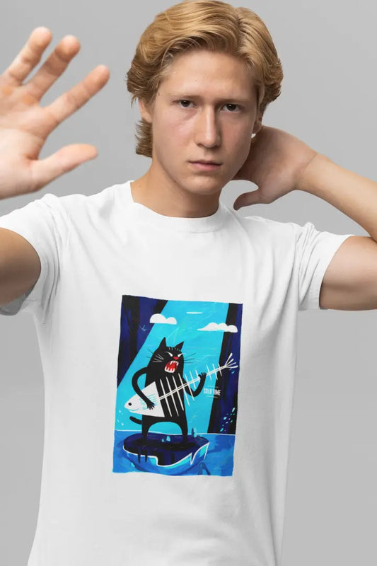 man with blonde hair, wearing a white t-shirt with a colorful graphic design of a black cat, standing on its hind legs with its front paws in the air playing a fish bone shaped like a guitar