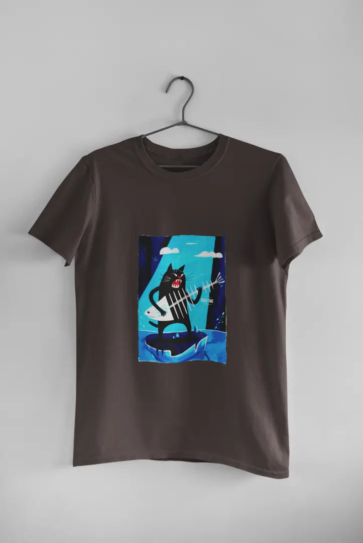 A charcoal grey t-shirt featuring a playful cartoon illustration of a black cat standing on its hind legs with its front paws in the air playing a fishbone that looks like a guitar.
