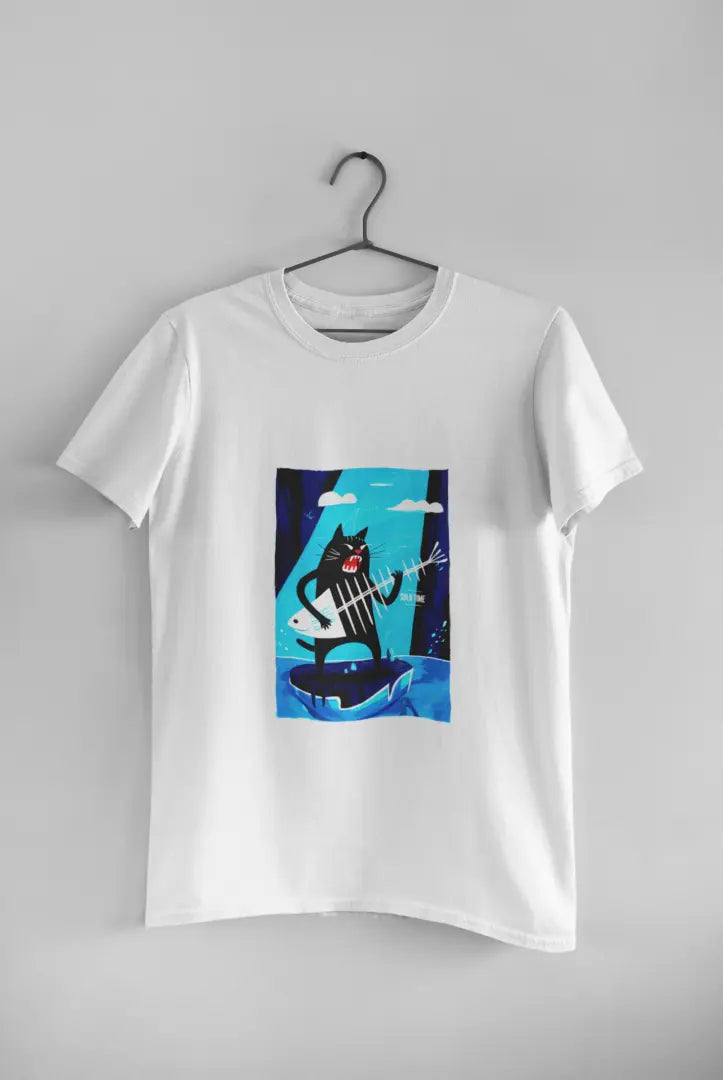 A white t-shirt featuring a playful cartoon illustration of a black cat standing on its hind legs with its front paws in the air playing a fishbone that looks like a guitar.