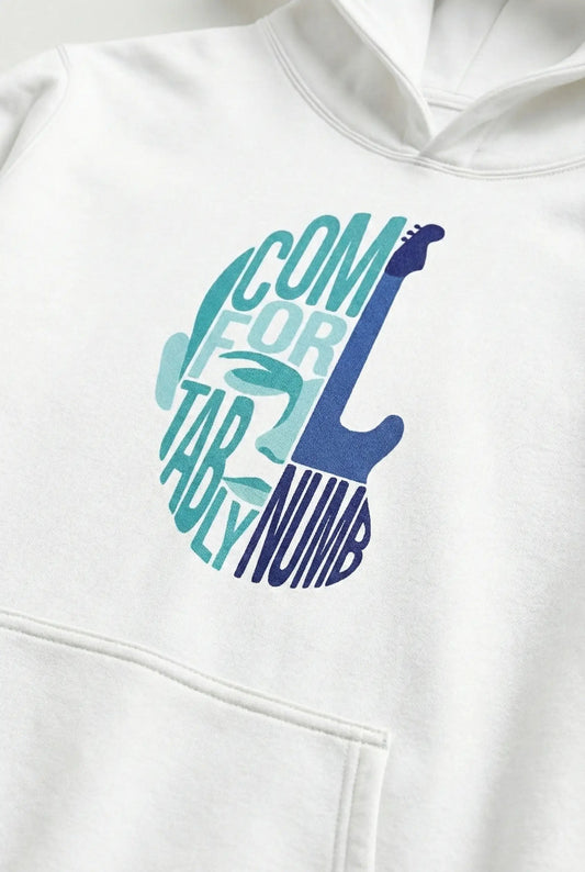 White hoodie with colorful text design on a white background