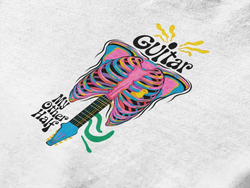 A closeup of a t-shirt with a psychedelic guitar design saying Guitar My Other Half.