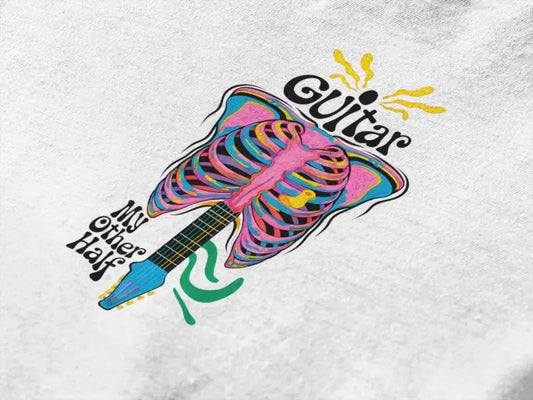 A closeup of a t-shirt with a psychedelic guitar design saying Guitar My Other Half.
