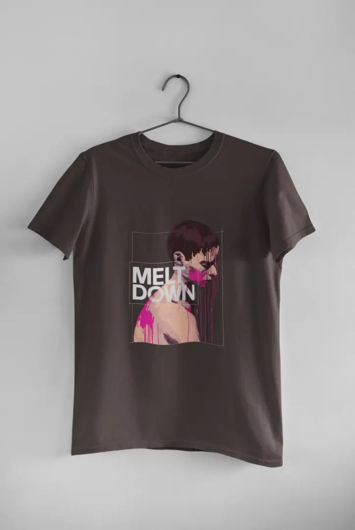 A charcoal grey t-shirt featuring a stylized portrait of a pensive young man with pink drips on his bare chest. Bold white text reads “MELT DOWN” within a dark gray rectangular frame. The design is graphic and dramatic.