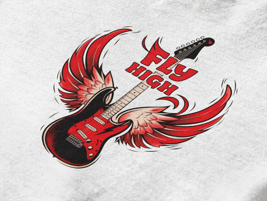 A graphic design featuring a black electric guitar with large, stylized red wings, centered on a light gray background. The bold red text “FLY HIGH” appears above the guitar. The wings, with shaded red and off-white edges, add movement and depth.