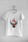 A white T-shirt hanging against a light grey background. The T-shirt consists of the design of a guitar having wings. There’s a text saying Fly High.