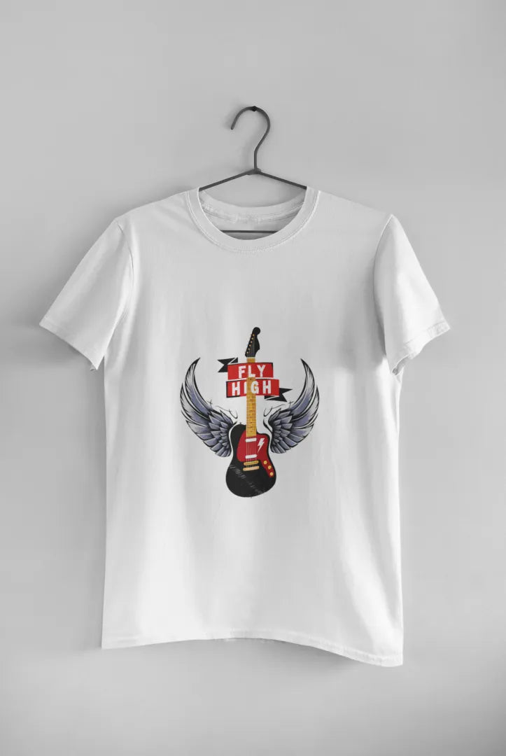 A white T-shirt hanging against a light grey background. The T-shirt consists of the design of a guitar having wings. There’s a text saying Fly High.
