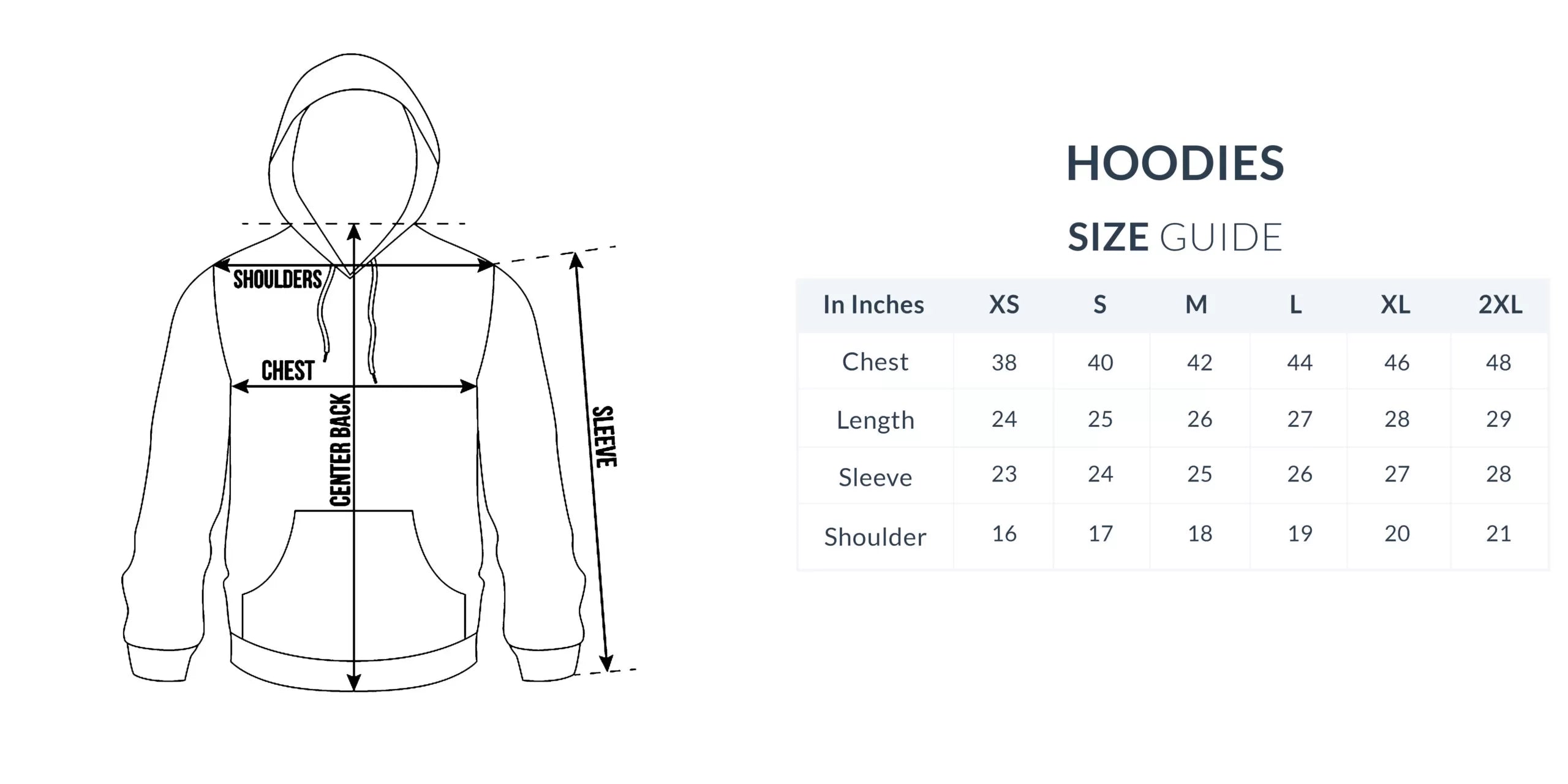 Hoodie size guide with measurements on a white background