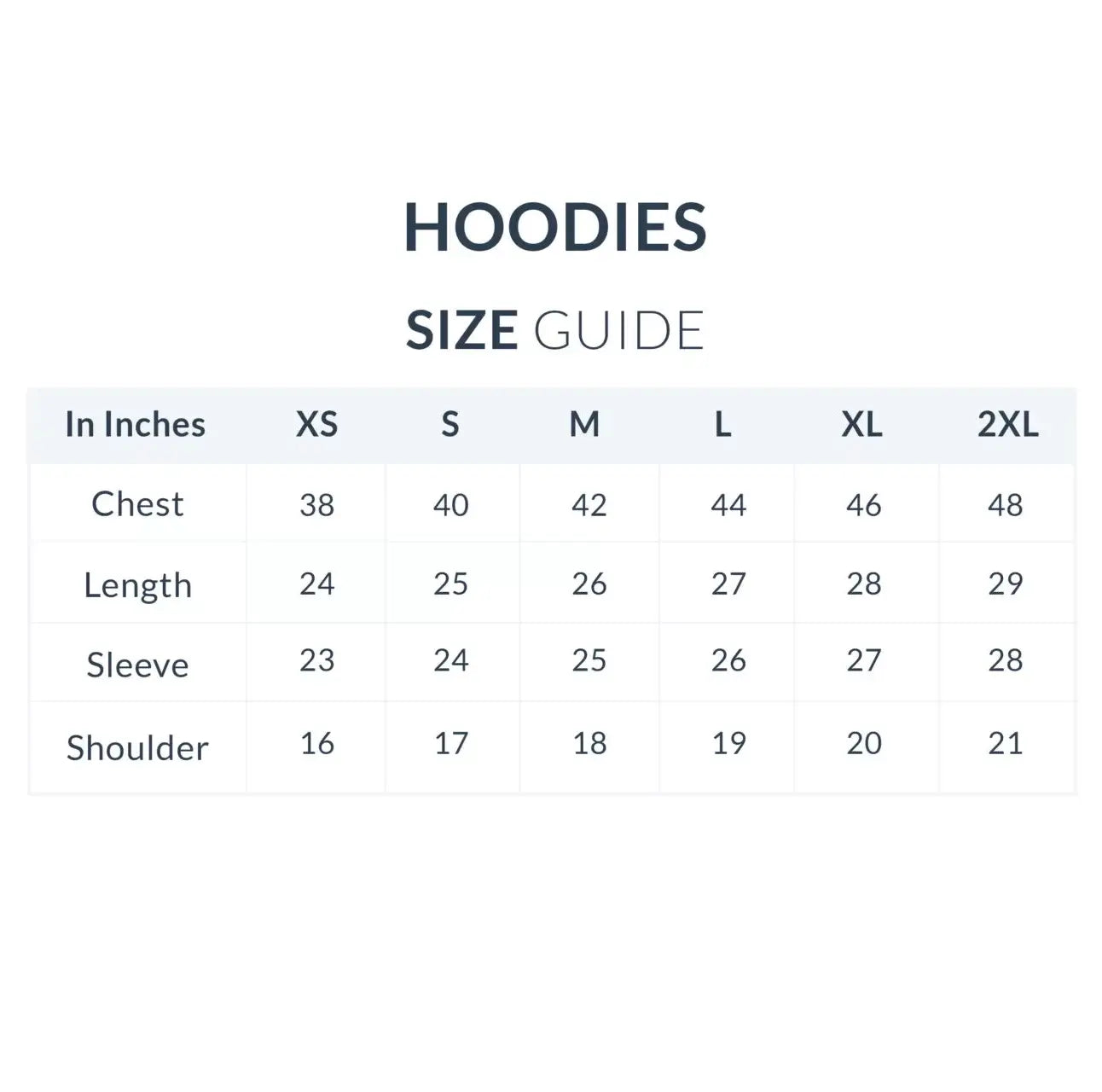 Hoodies size guide with measurements in inches for various sizes.