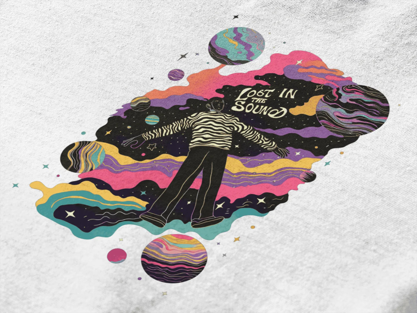 Design printed on a white T-shirt. The design consists of a man floating in space, there’s a text saying Lost in The sound