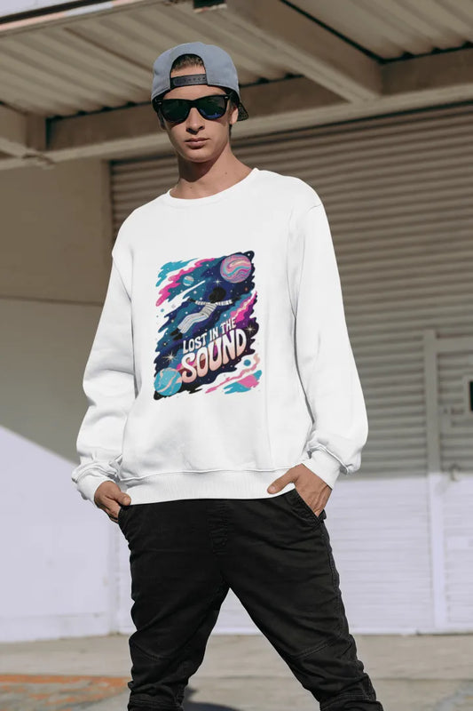 A stylish man wearing a printed white sweatshirt with the design of a kid in his night wear dress floating in space. There’s a text saying lost in the sound.