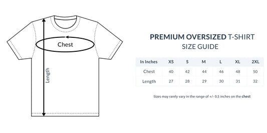 Size guide for premium oversized t-shirts with a diagram of chest and length measurements.