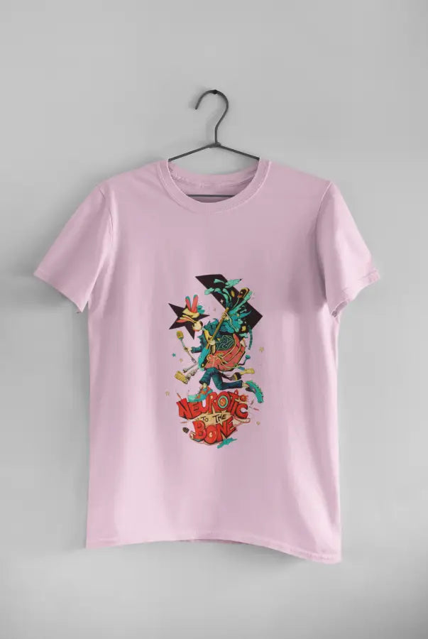 A pink printed t-shirt hanging against a light grey wall. The t-shirt design consists of a character with a microphone in his hand. There's a text saying Neurotic To the Bone at the bottom of the design.
