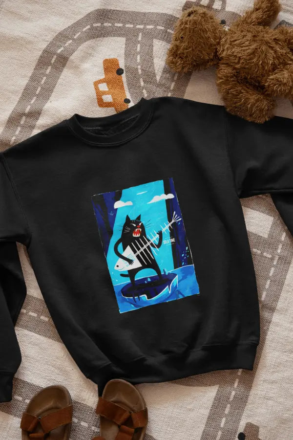 A black sweatshirt with a design printed on the front lying on the floor. The design contains a cat standing on an iceberg holding a fish bone which appears to be like a guitar. There's a text saying Solo Time on the right side.
