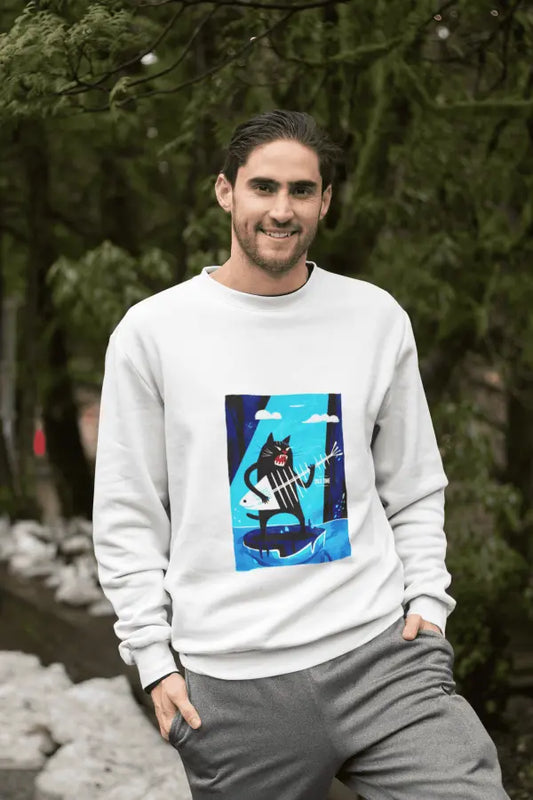 A smiling man wearing a white sweatshirt with a design printed on the front. The design contains a cat standing on an iceberg holding a fish bone which appears to be like a guitar. There's a text saying Solo Time on the right side.