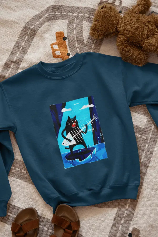 A navy blue sweatshirt with a design printed on the front lying on the floor. The design contains a cat standing on an iceberg holding a fish bone which appears to be like a guitar. There's a text saying Solo Time on the right side.
