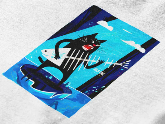 Close up of a white t-shirt with a design printed on it. The design contains a cat holding a fish bone like a guitar and appearing to play it aggressively. There's a text saying Solo Time on the right side of the design.
