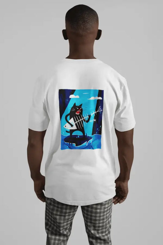 A man wearing a white oversized t-shirt with a design printed on the back. The design contains a cat holding a fish bone like a guitar and appearing to play it aggressively. There's a text saying Solo Time on the right side of the design.