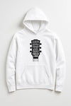 White hoodie with black graphic design on a white background