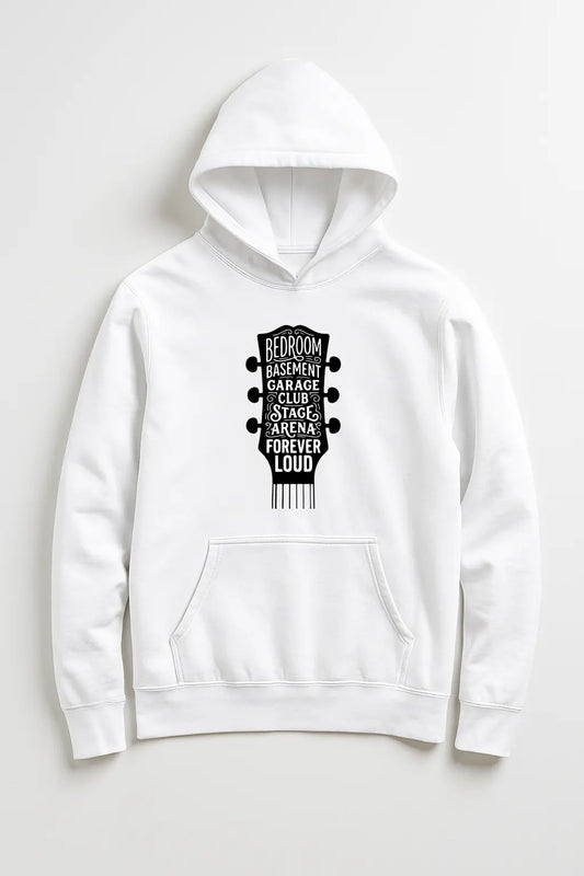White hoodie with black graphic design on a white background