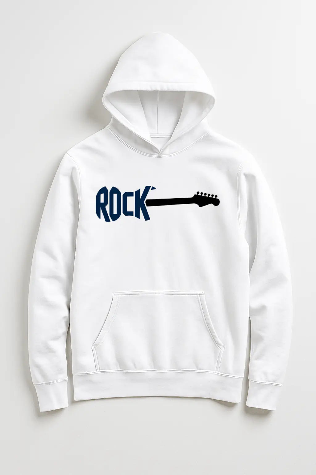 White hoodie with 'ROCK' and guitar graphic on a white background