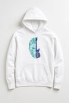 White hoodie with colorful text design on a light gray background