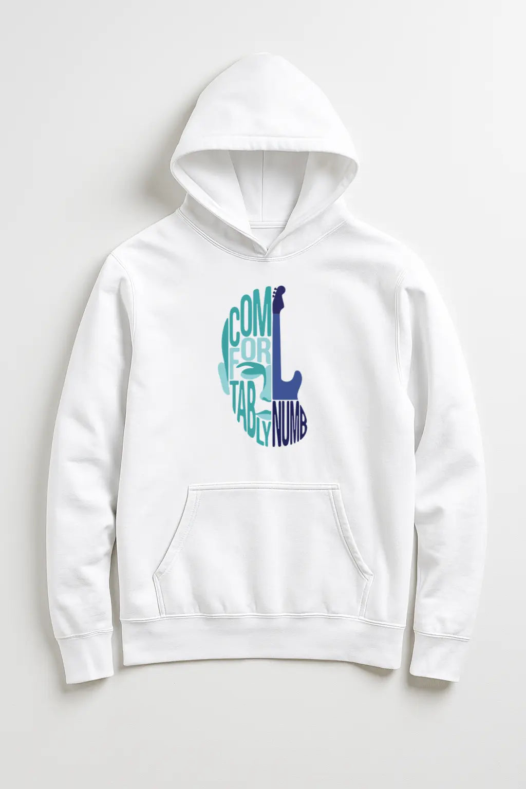 White hoodie with colorful text design on a light gray background